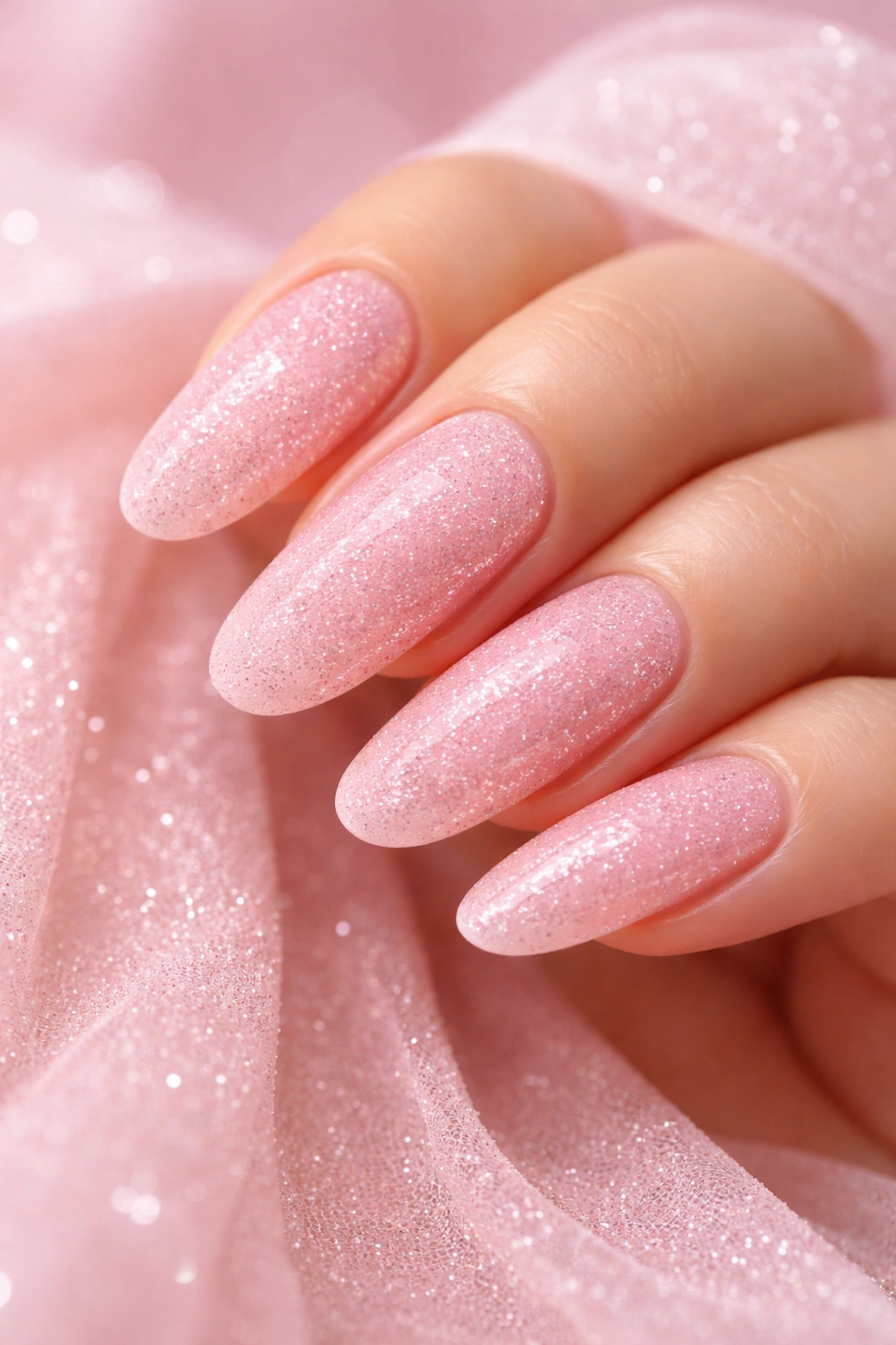 Soft pink sugar nails on long round nails with crystal sugar texture