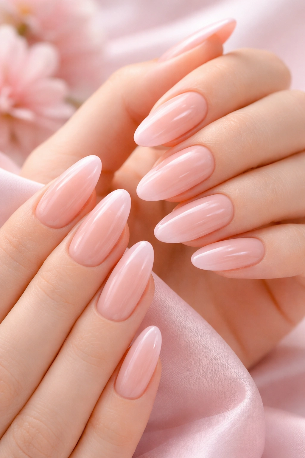 Close-up of long oval nails with pale pink tips on nude base