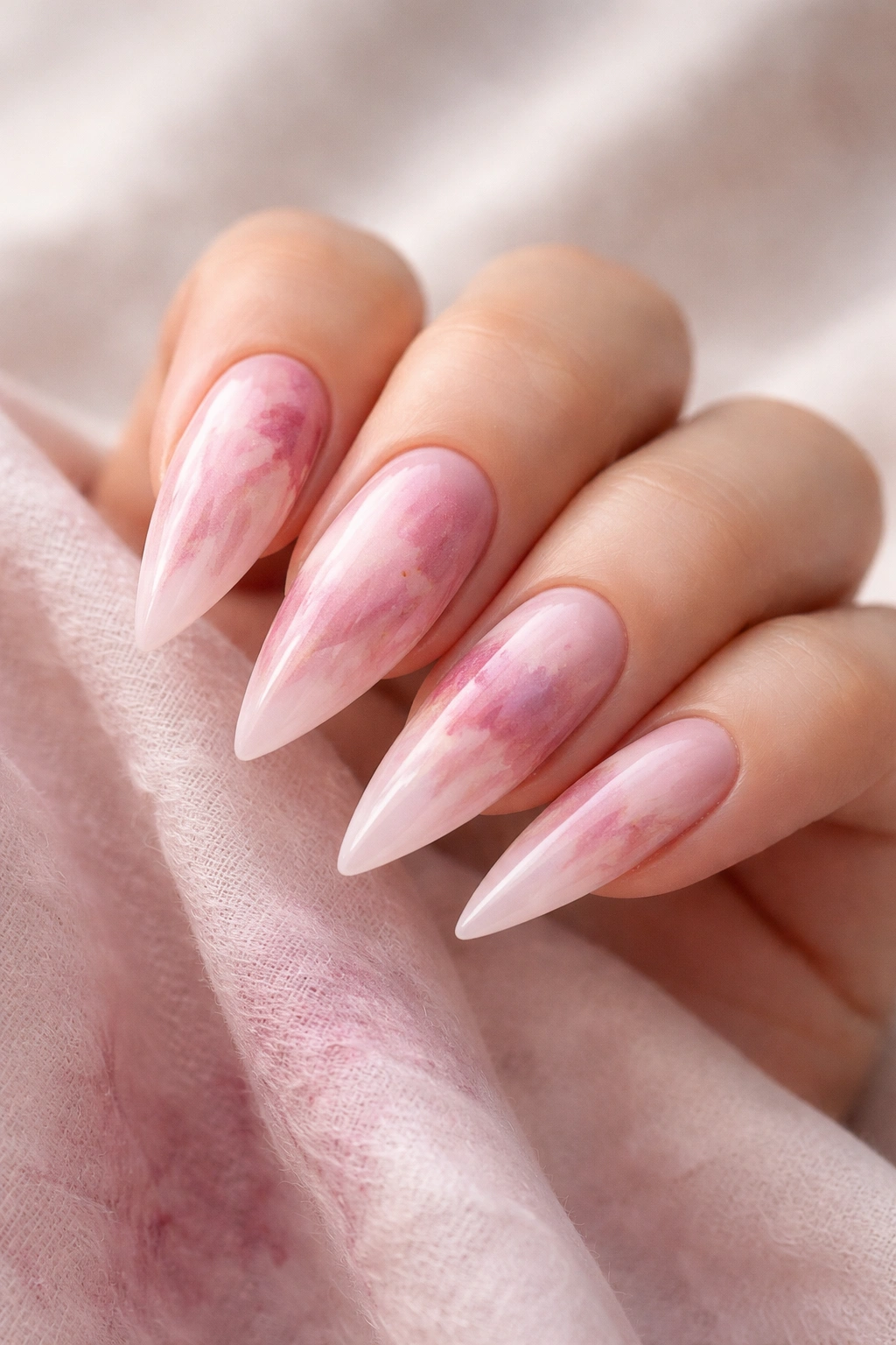 Close-up of soft pink nails with watercolor wash effect