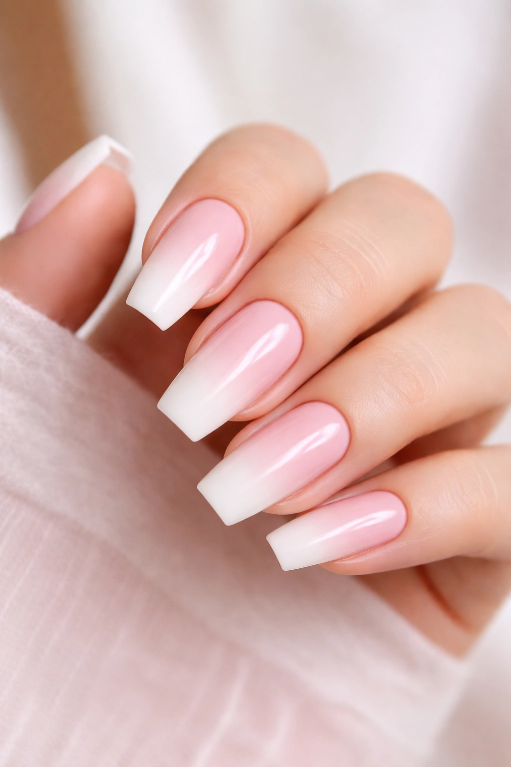 Close-up of coffin nails with soft pink to white ombre gradient