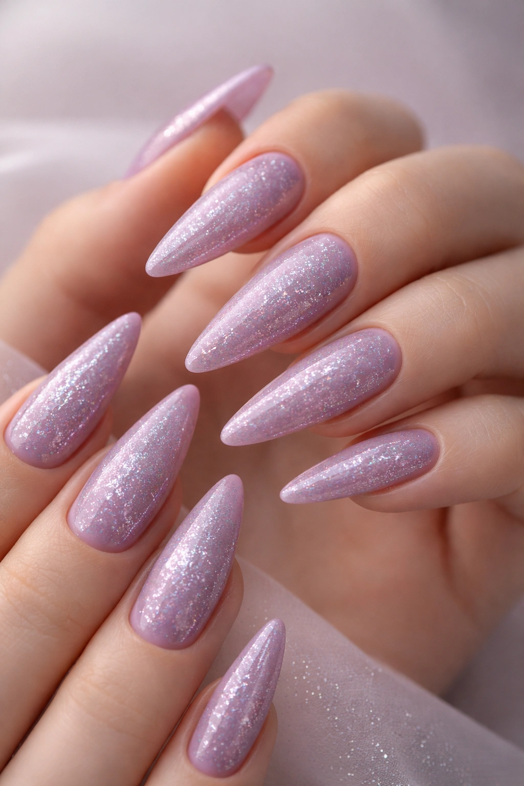 Close-up of stiletto nails with soft purple glitter on pastel base
