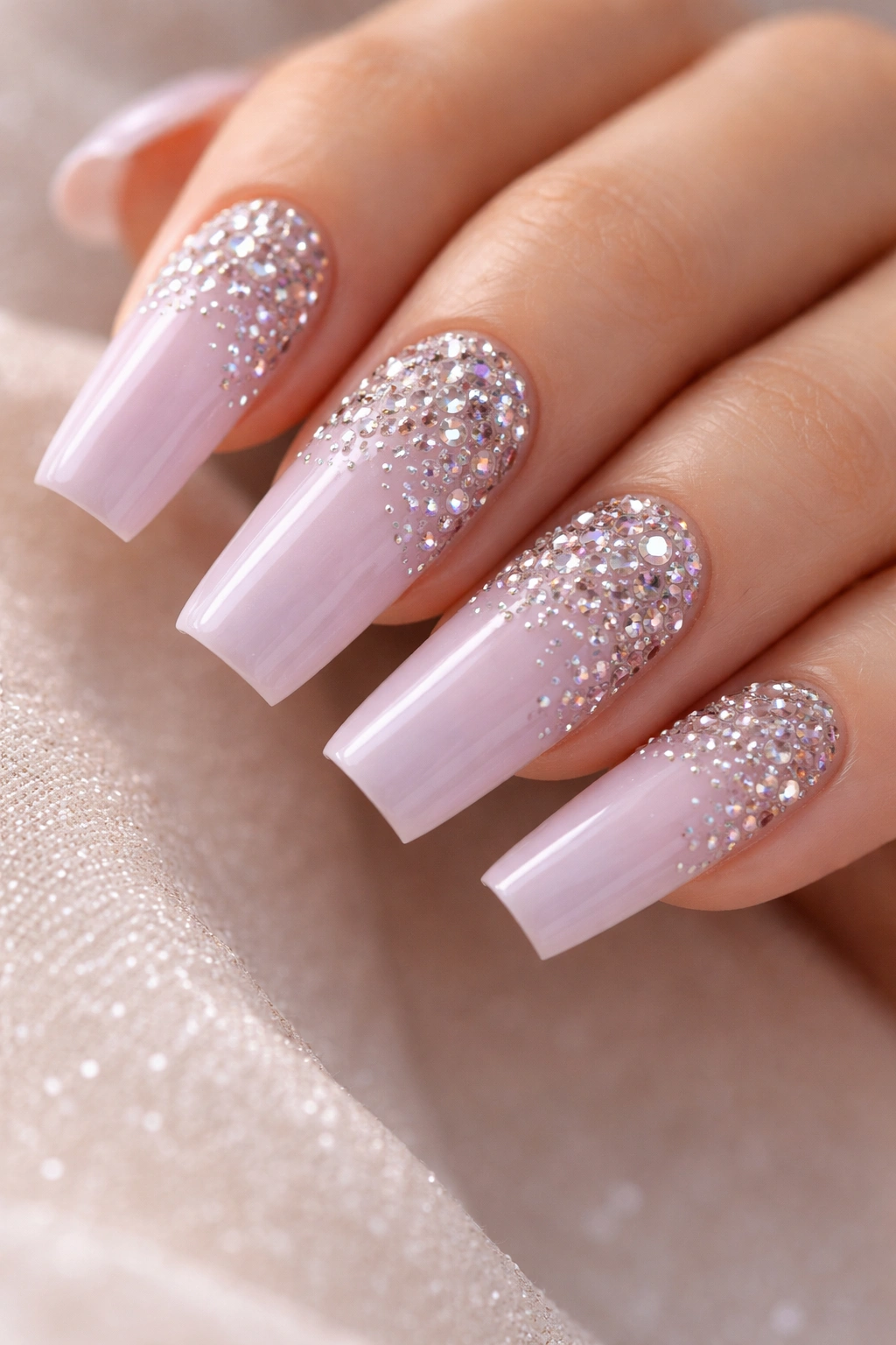 Close-up of coffin nails with soft milky purple base and rhinestone gradient from cuticle to tip