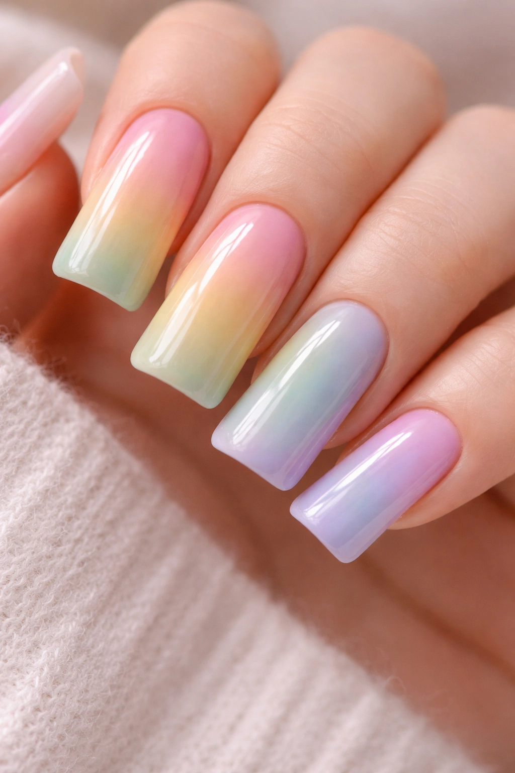 Close-up of duck-nail shaped nails with soft muted rainbow gradient