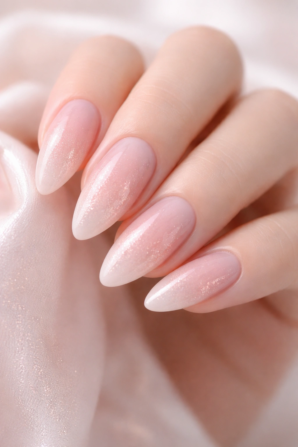Close-up of soft romantic almond acrylic nails in pastel tones.