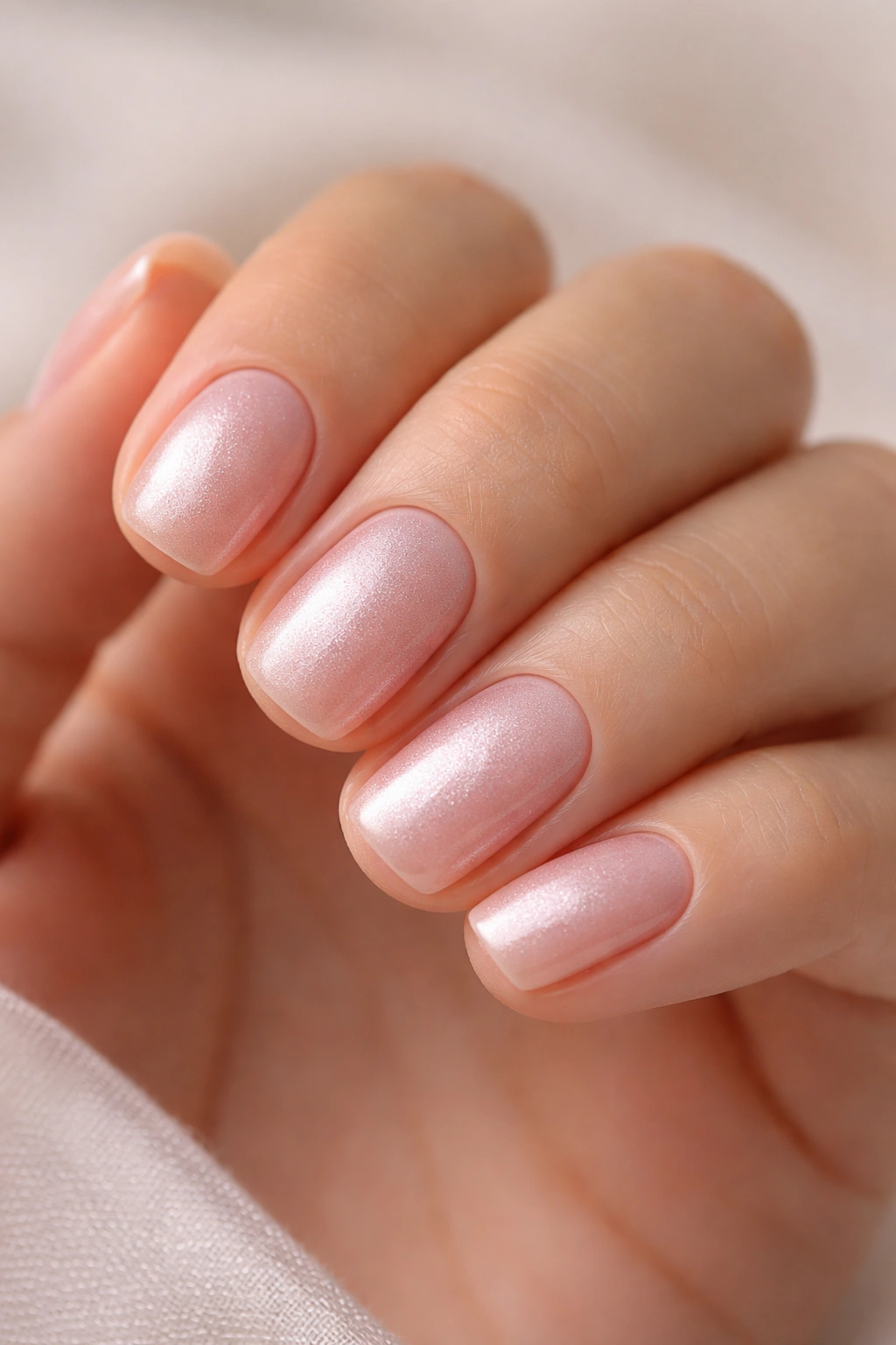 Close-up of soft rose nails with subtle pearl dust shimmer