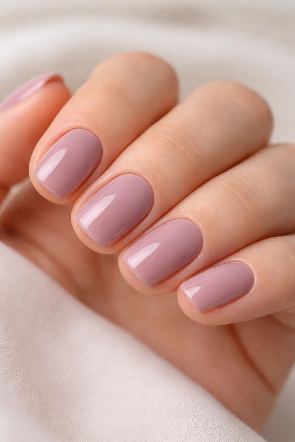 Soft rosy mauve nails on short squoval nails.