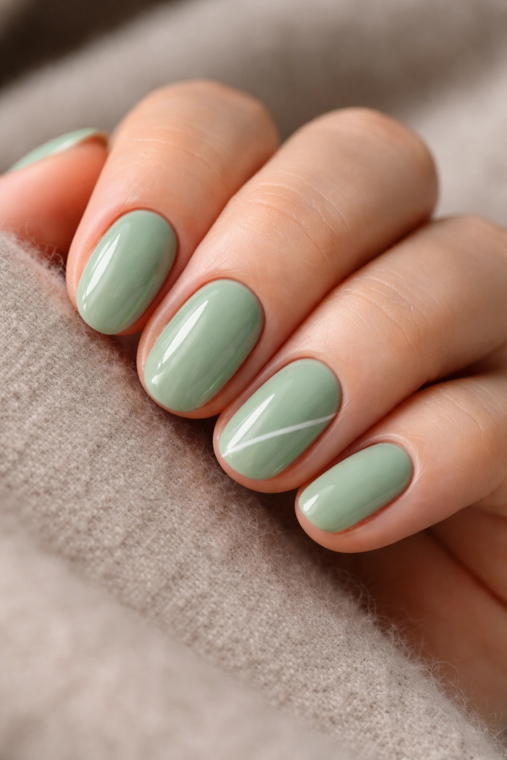 Close-up of short oval nails in soft sage green with a delicate white line