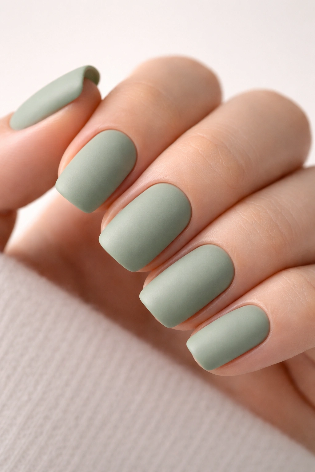 Close-up of matte sage green squoval nails