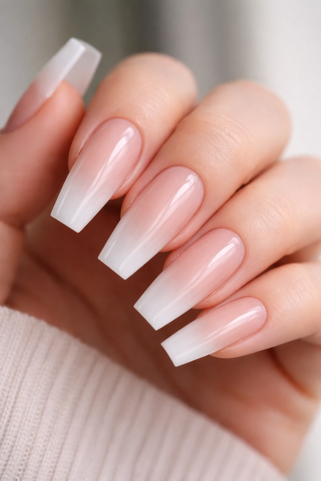 Close-up of ballerina nails with a soft shadow French and sheer white tips on a translucent base