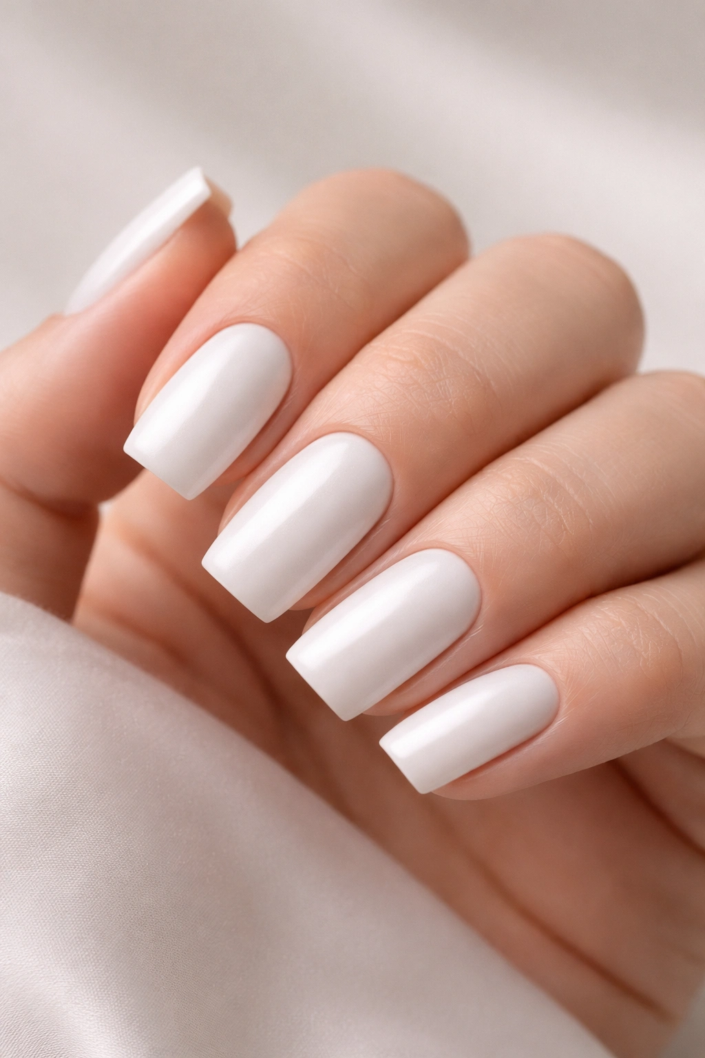 Close-up of white nails with a silky satin finish on a hand.