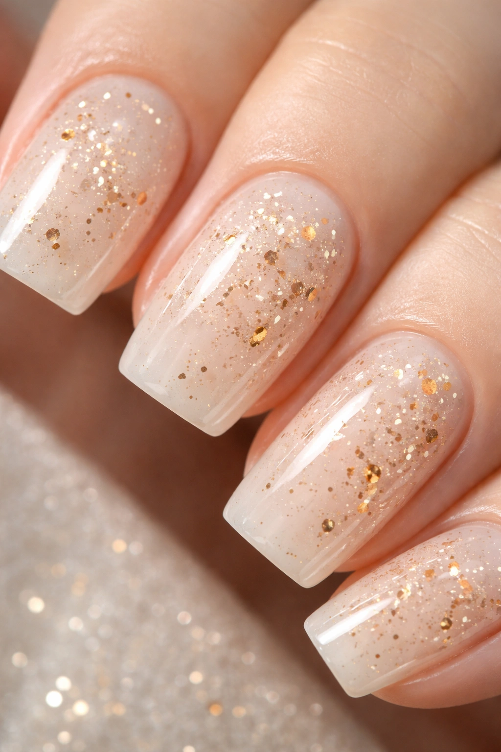 Soft square nails with embedded metallic flakes in a clear topcoat