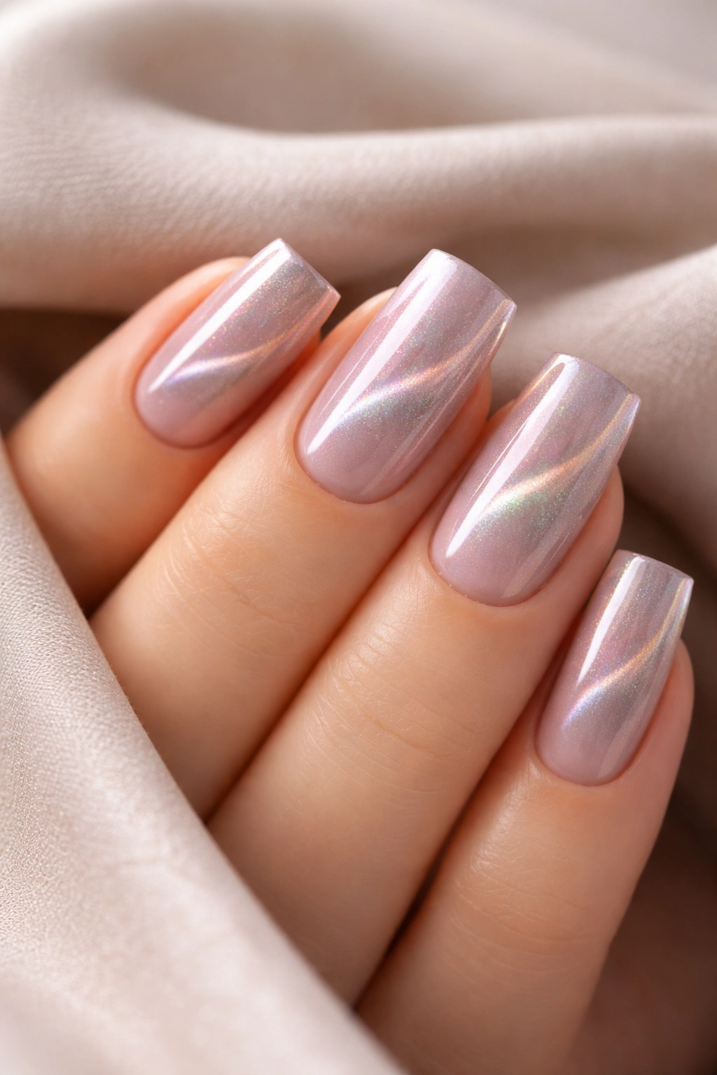 Soft square cat eye nails resting in neutral light