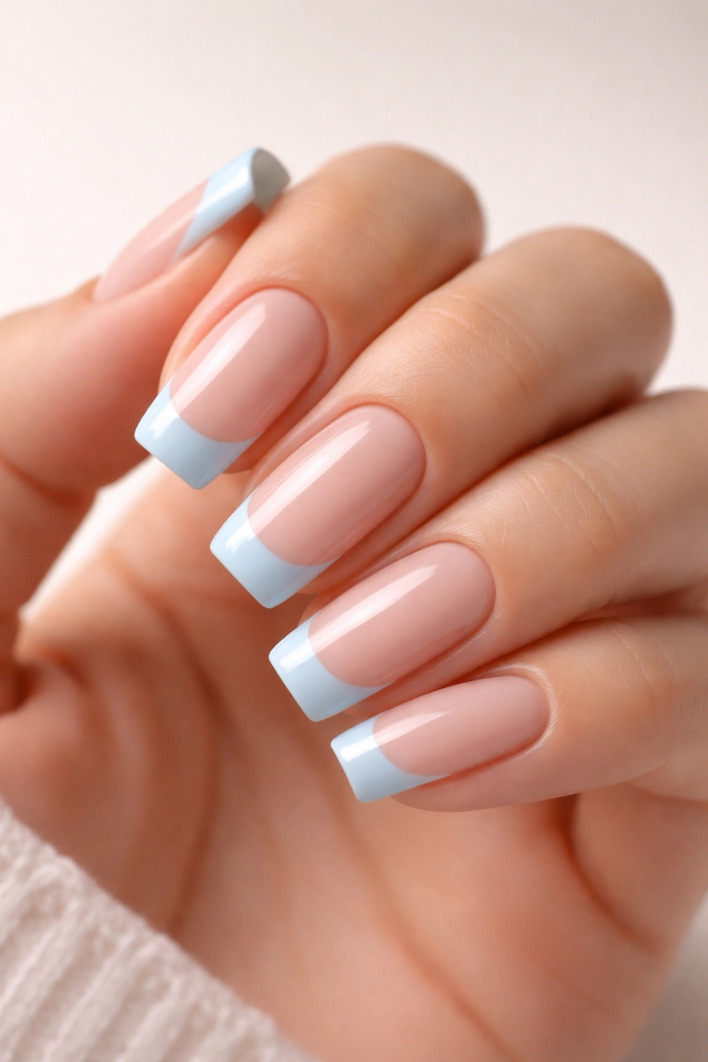 Close-up of soft square nails with pale pink base and baby blue tips.