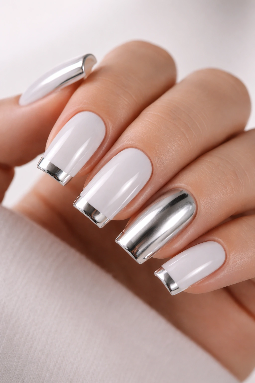 Soft square nails with white base and chrome accents on tips.