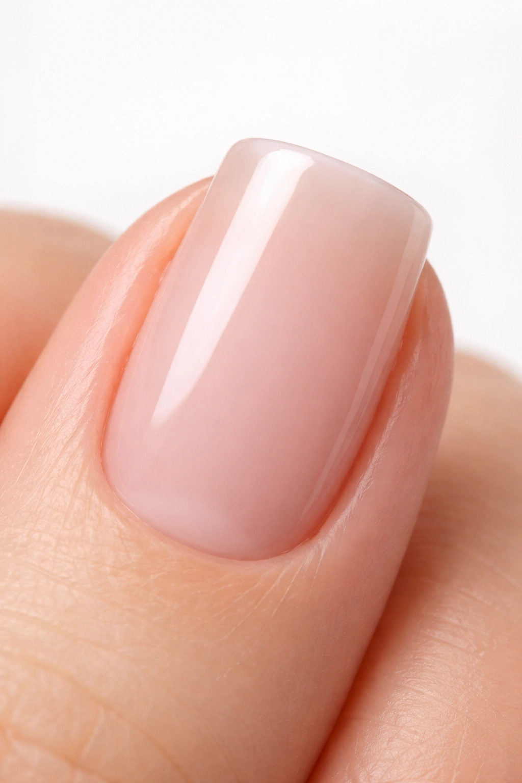 Close-up of a soft square nail with straight tip and rounded corners on a manicured hand