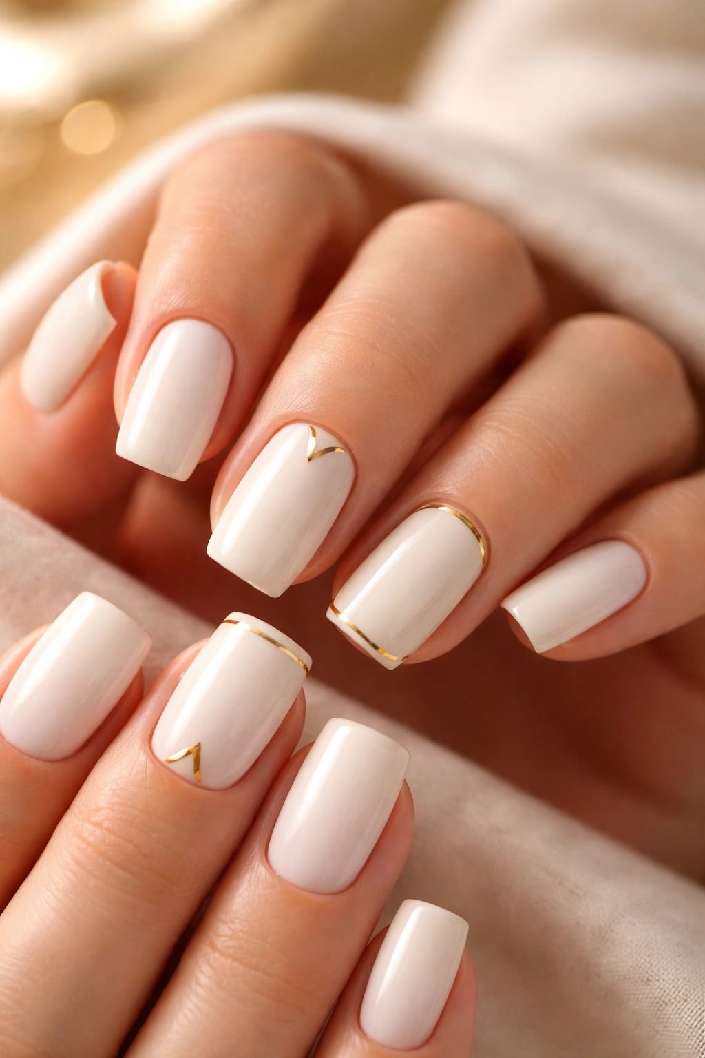 Close-up of soft square nails with creamy white base and gold accents