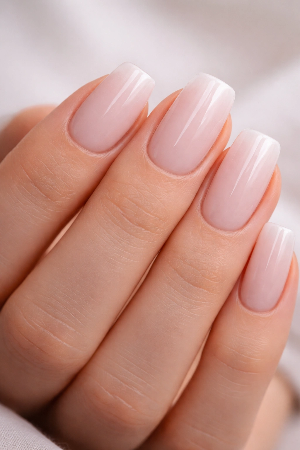 Close-up of soft square nails with dip powder finish on a hand