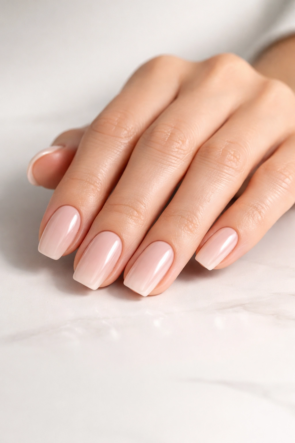 Close-up of hands with soft square nails showing polished shape