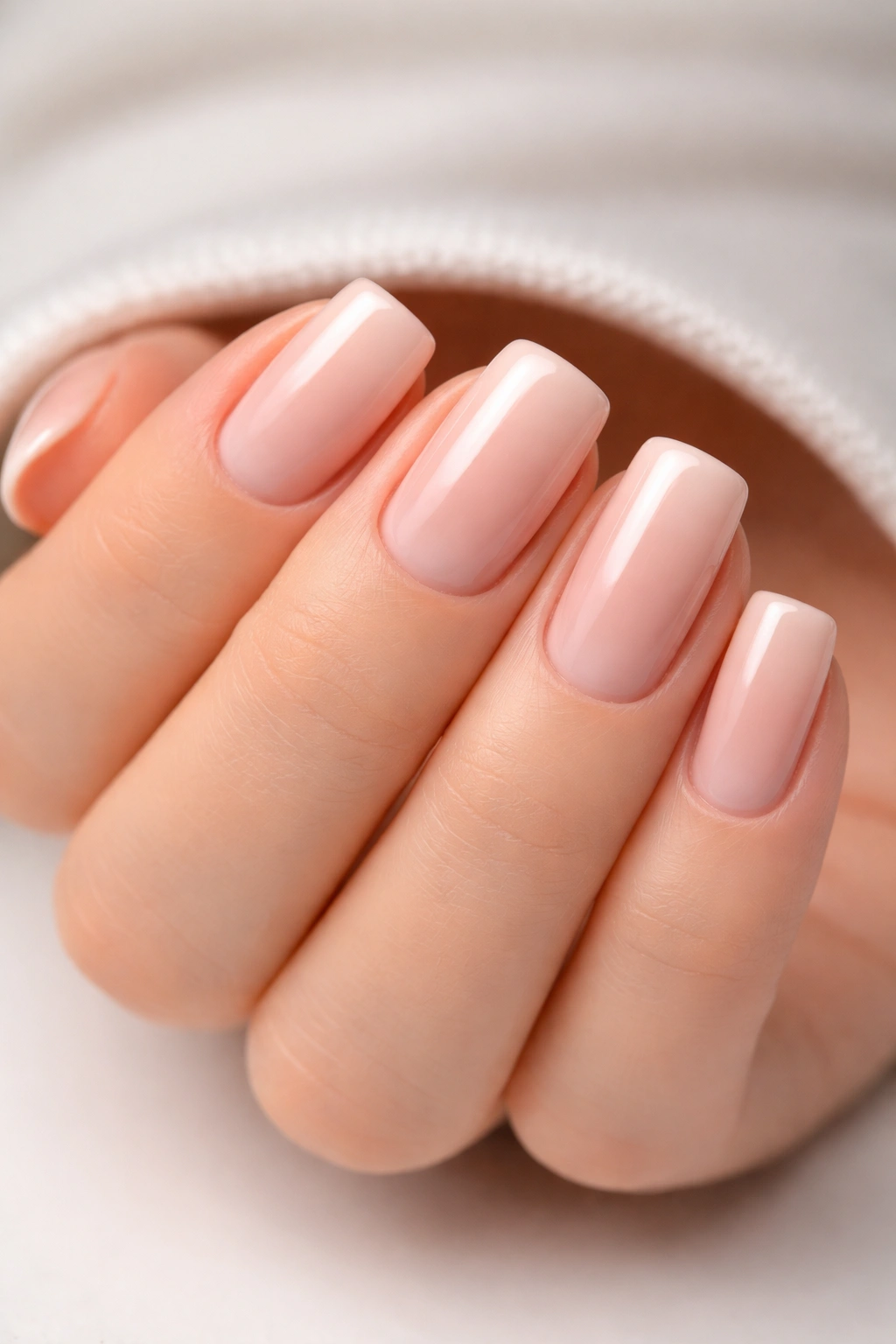Hand with glossy nude soft square nails showcasing durable wear