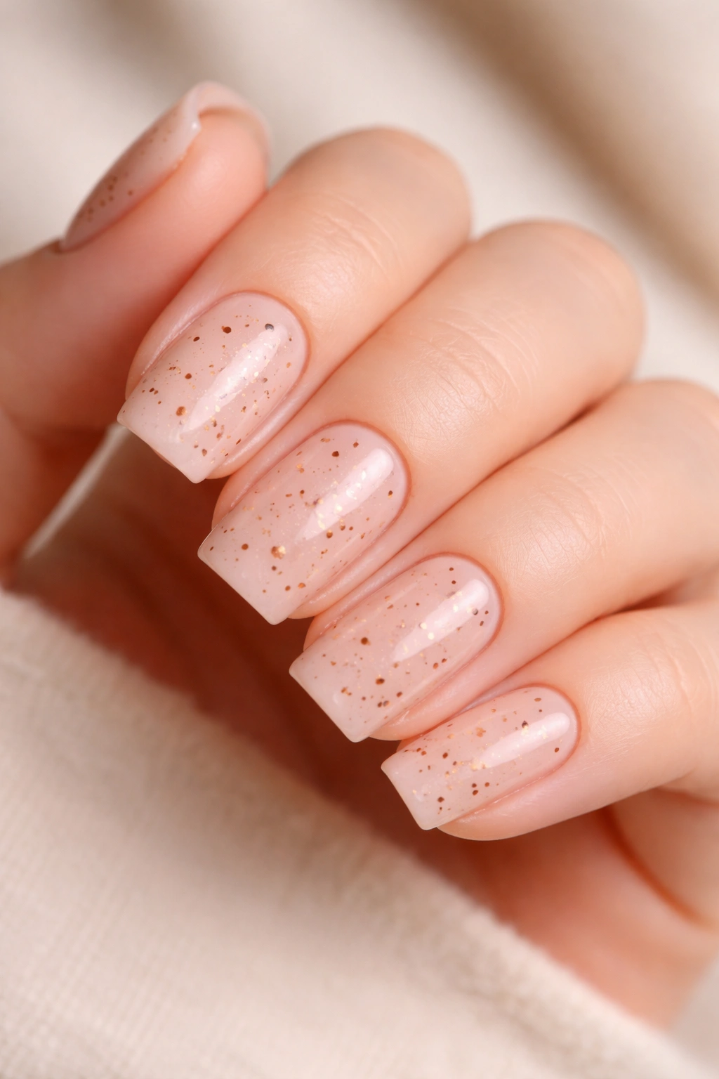 Close-up of soft square nails with delicate freckles