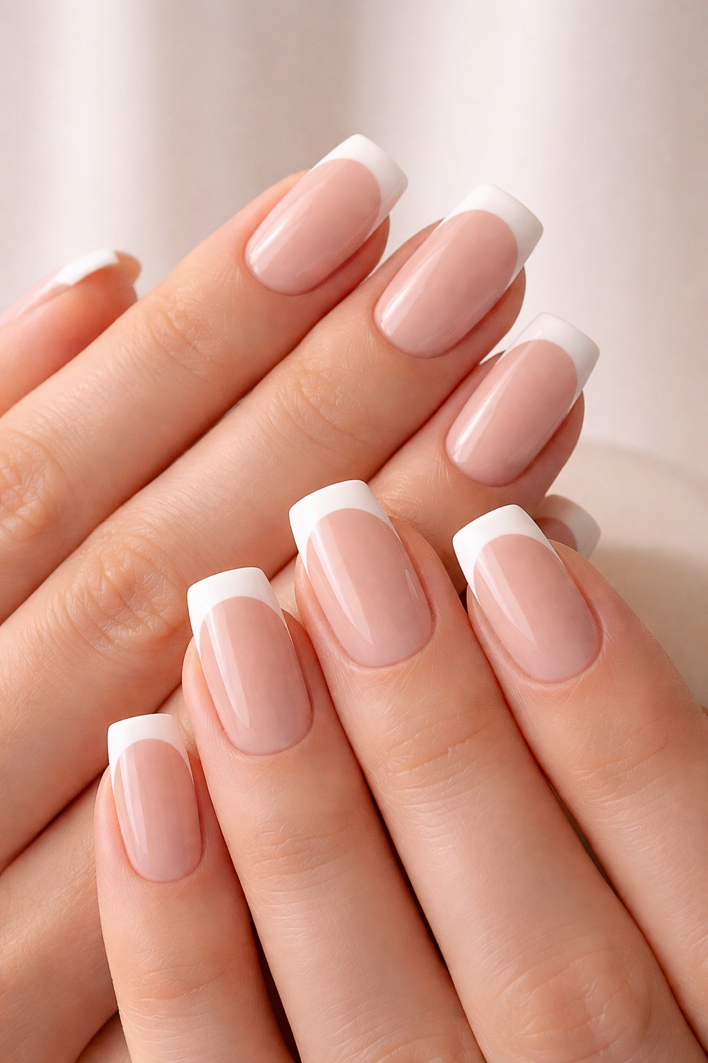 Close-up of hands showing soft square French nails with nude base and white tips