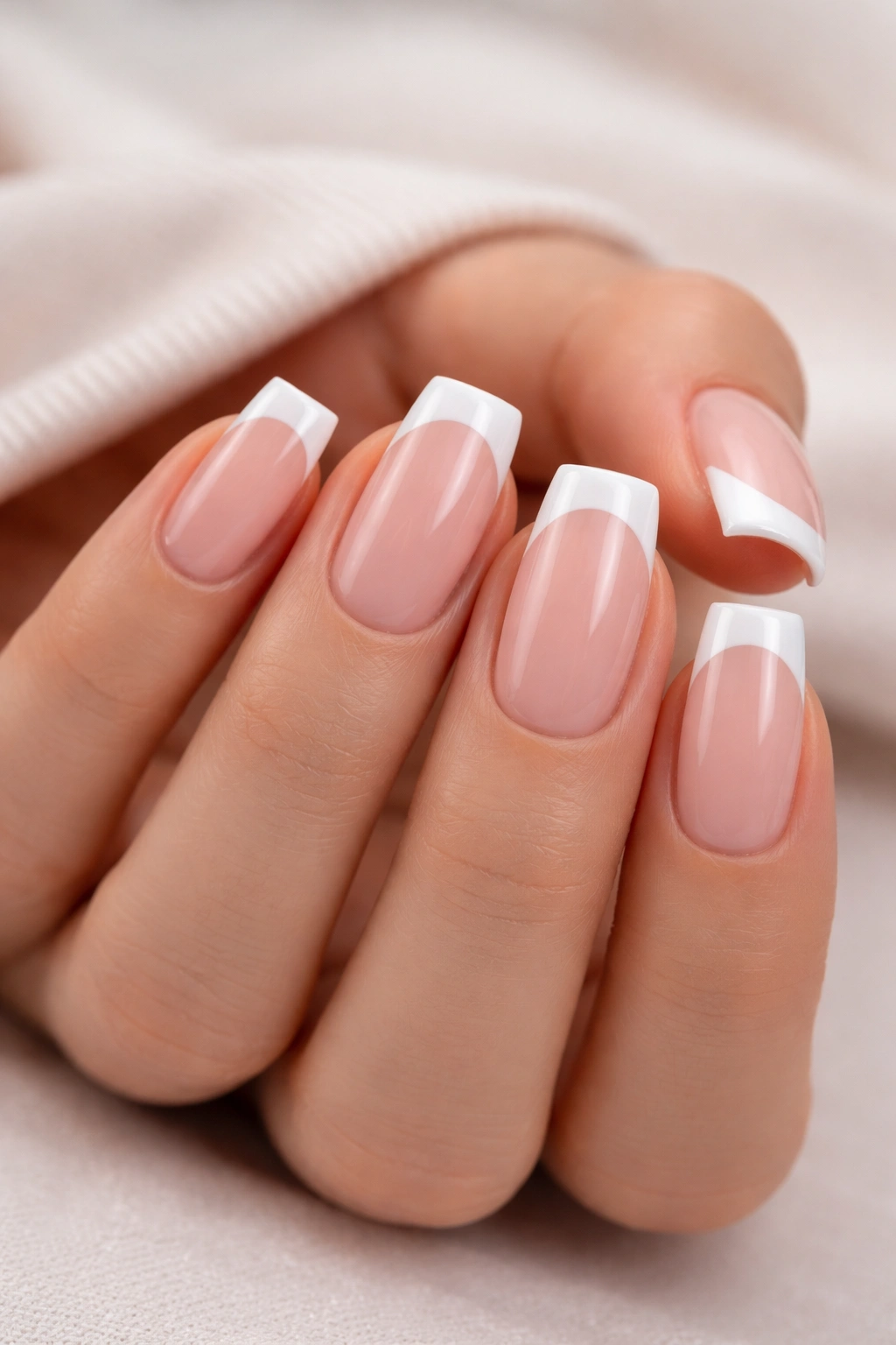 Close-up of a hand with soft square French-tip nails on nude pink base, studio lighting