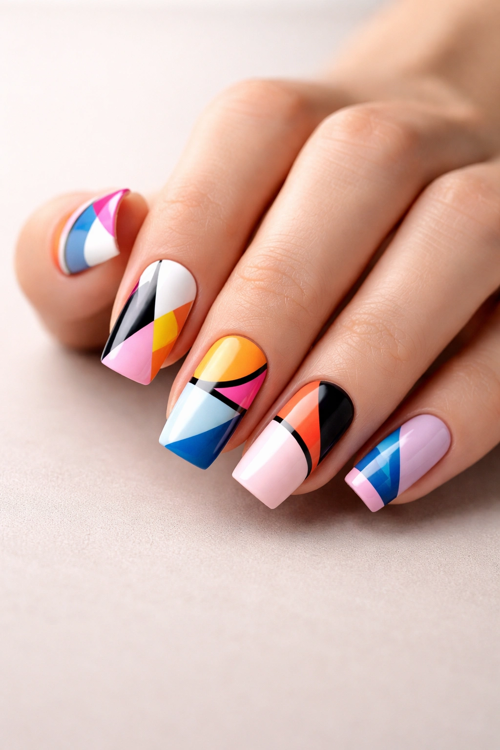 Close-up of soft square nails with geometric designs on a neutral background.