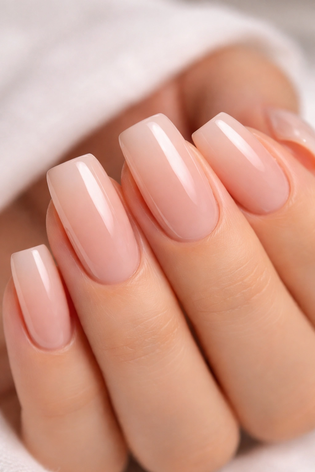 Close-up of neutral soft square lip gloss nails