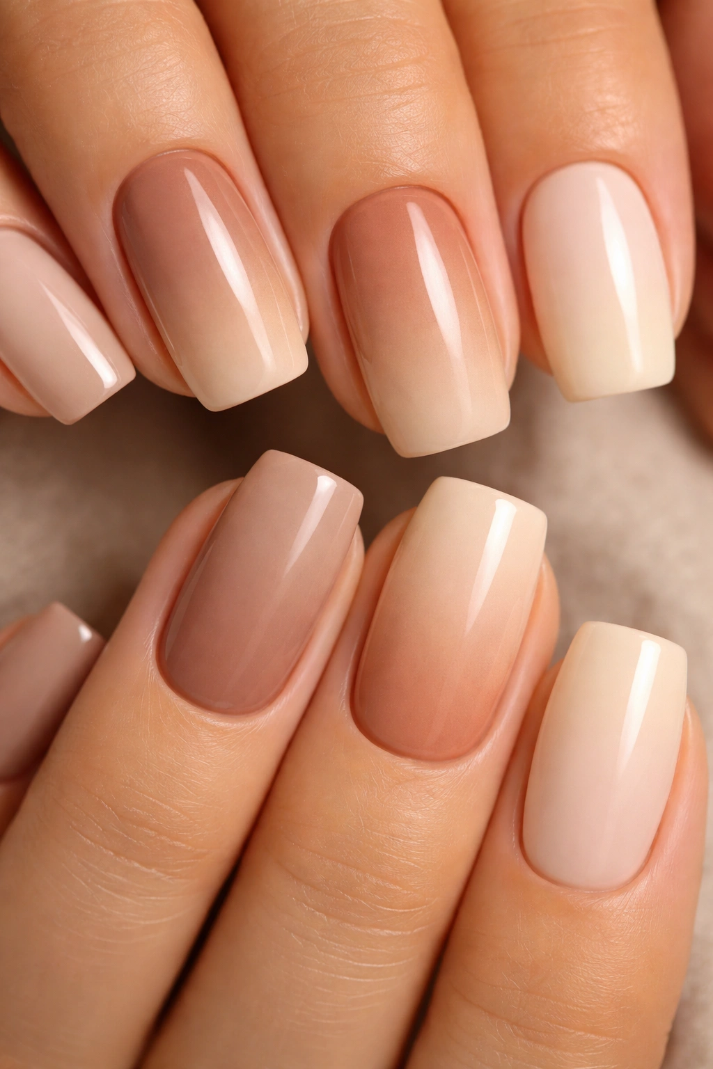 Soft square nails with a three-color earth-tone gradient from taupe to cream