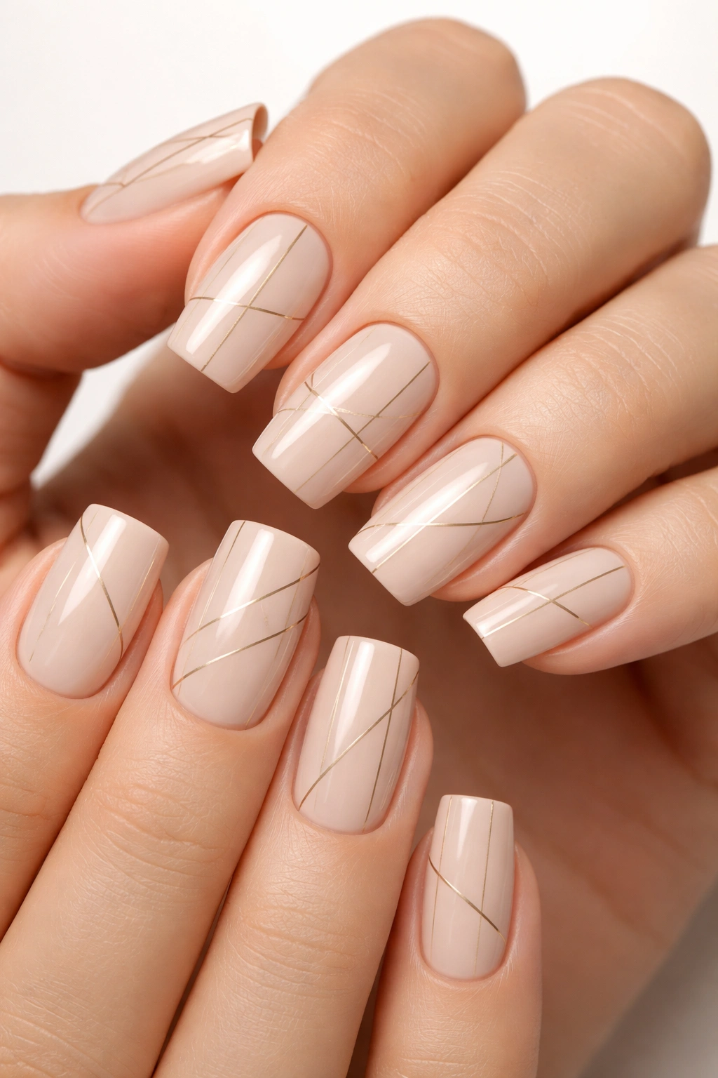 Close-up of soft square nails with thin linear patterns on a cream base