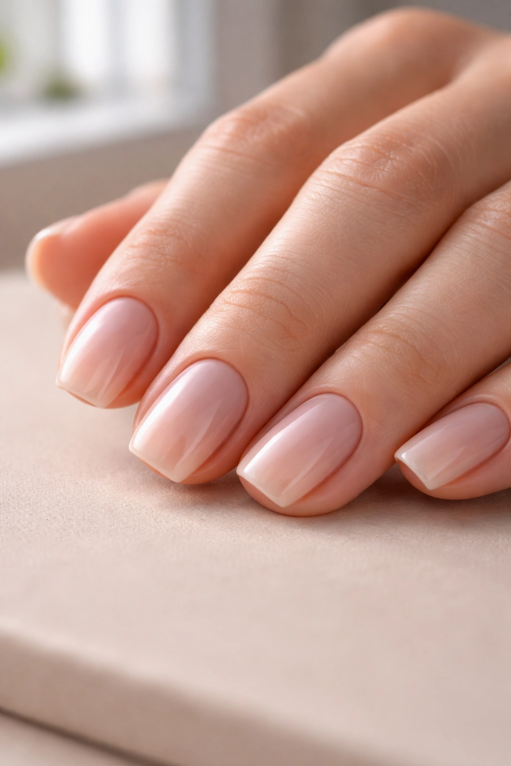 Close-up of hands showing soft square nails with rounded corners in maintenance stage