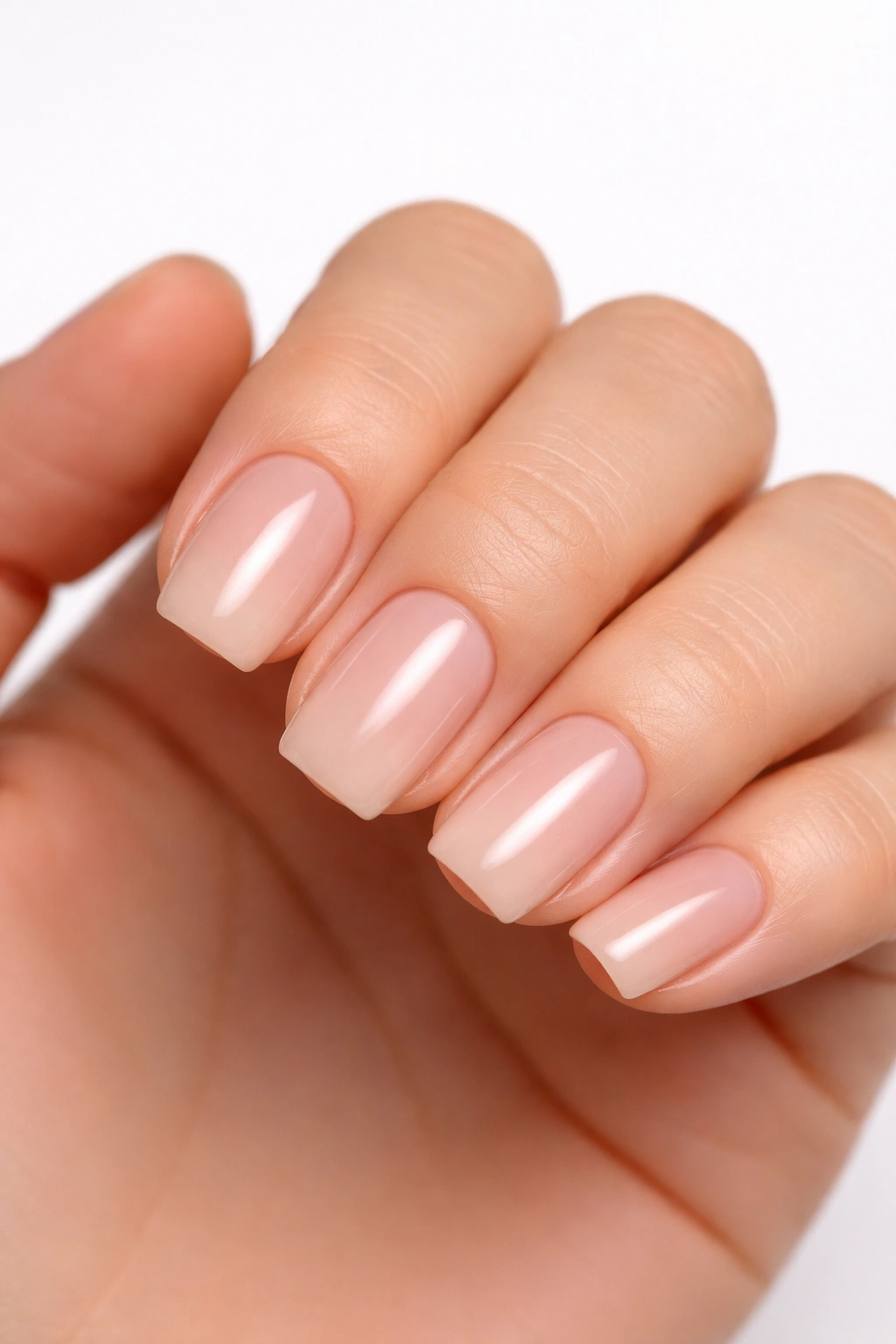 Close-up of soft square nails with rounded corners and neutral manicure