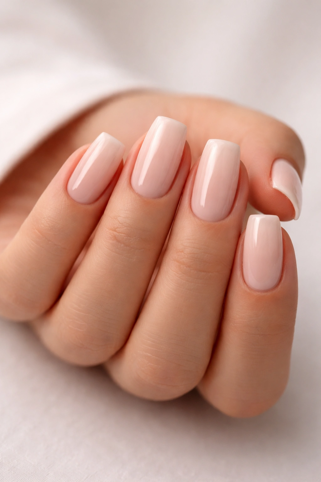 Close-up of soft square nails with rounded corners and neutral polish