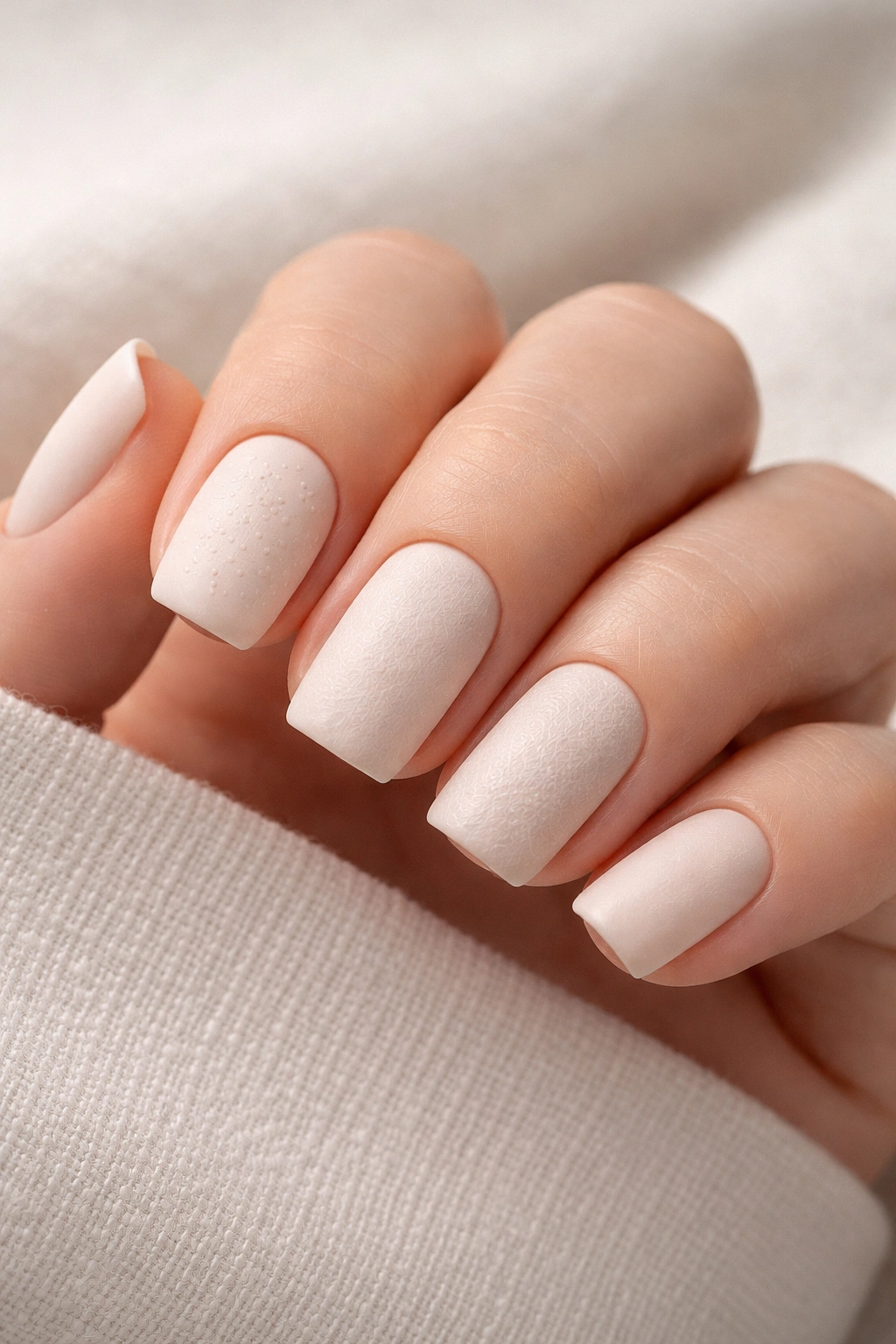 Close-up of soft square nails with matte finish and subtle texture