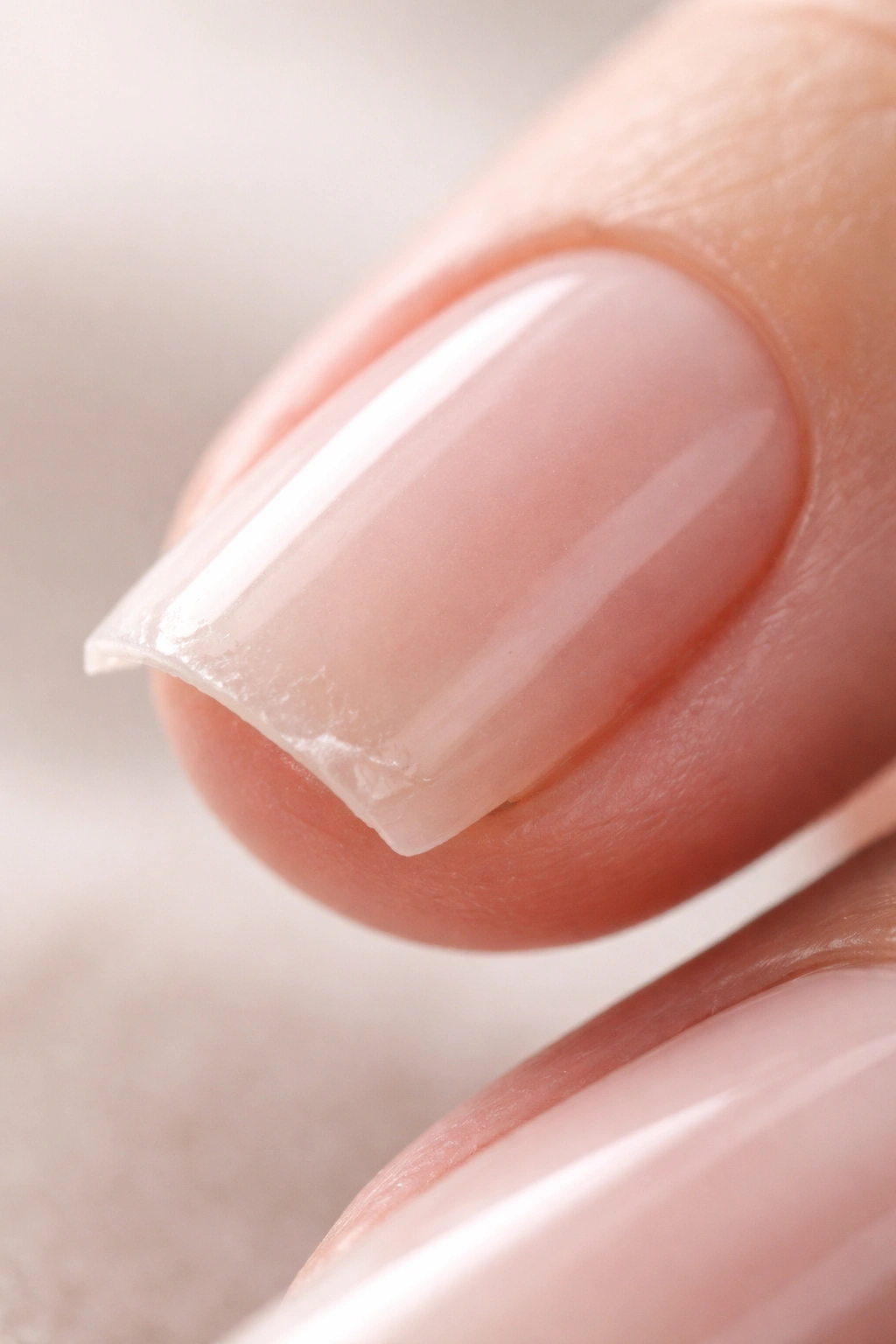 Close-up of a soft square nail edge with a chip illustrating common transition mistakes