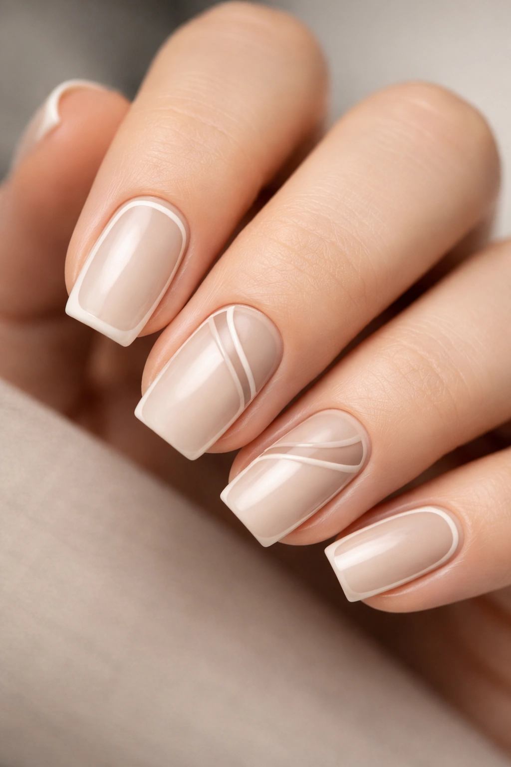 Soft square nails in natural beige with negative-space design edges