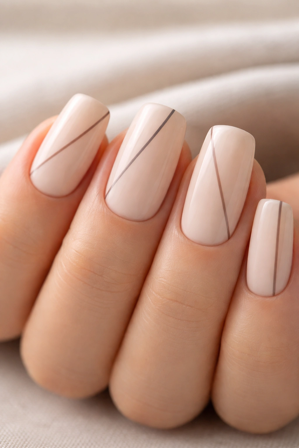 Close-up of soft square nails with nude base and minimalist dark lines