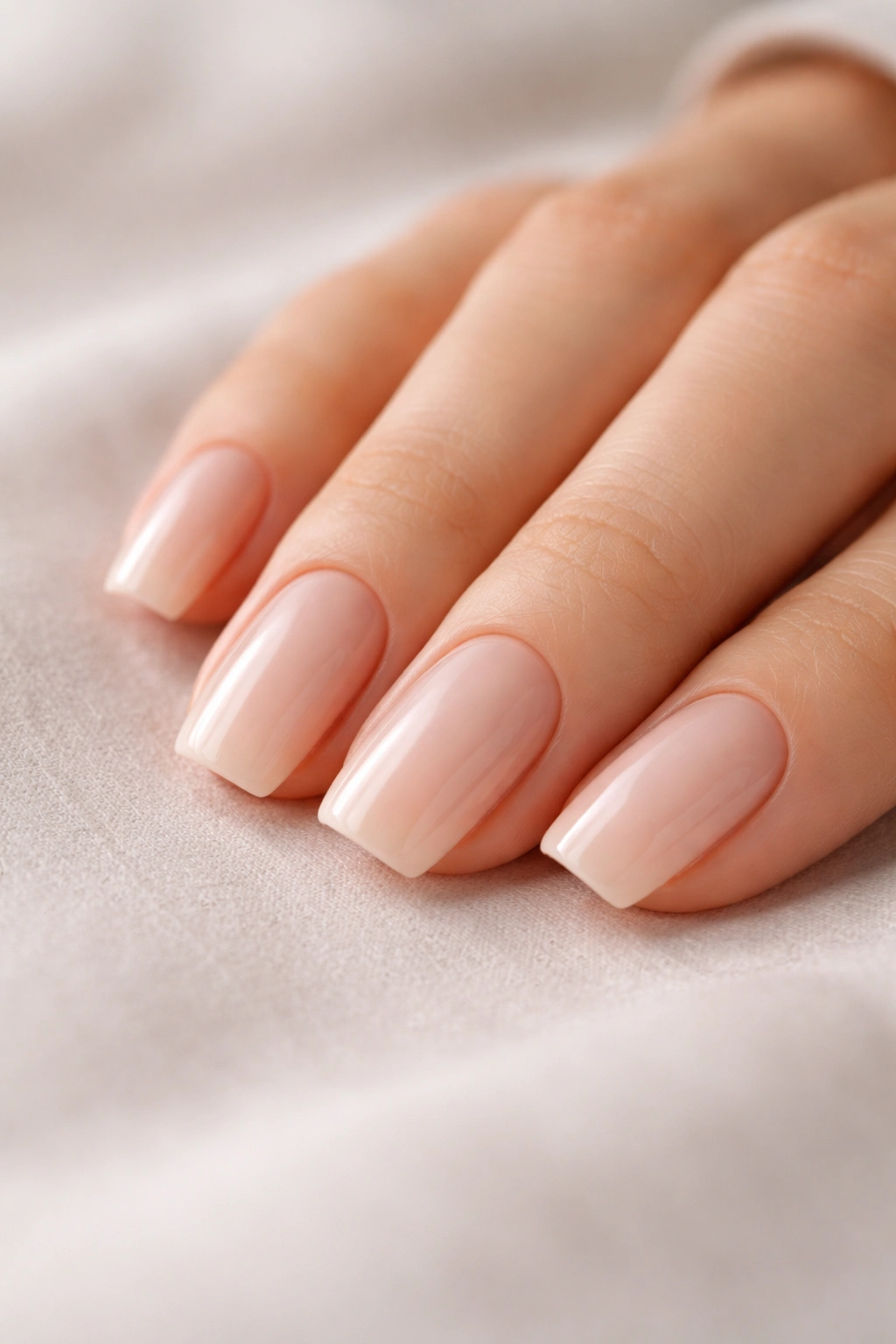 Close-up of a hand with soft square nails in nude tones, understated manicure