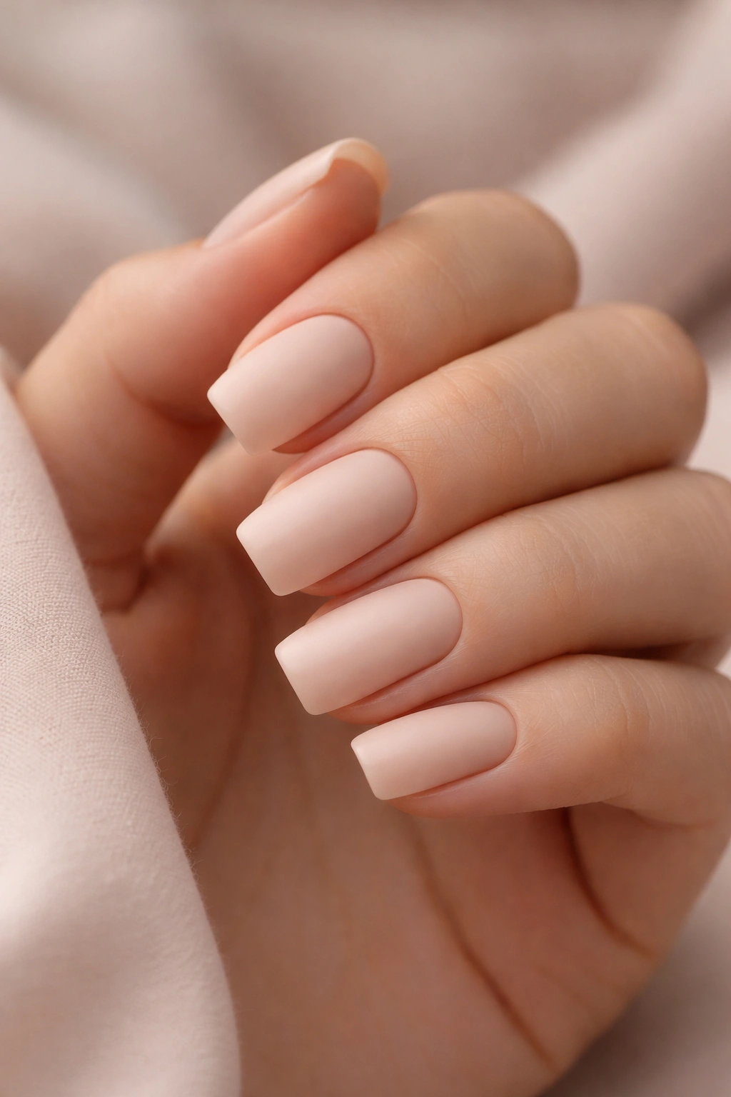 Close-up of a hand with soft square nails in nude matte polish, emphasizing nail shape