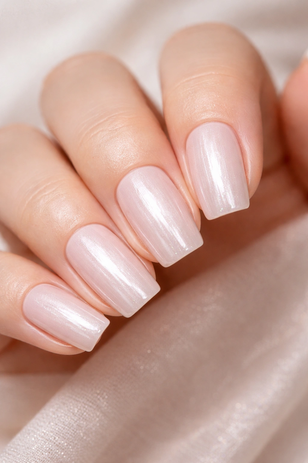 Soft square nails with pearlescent shimmer base