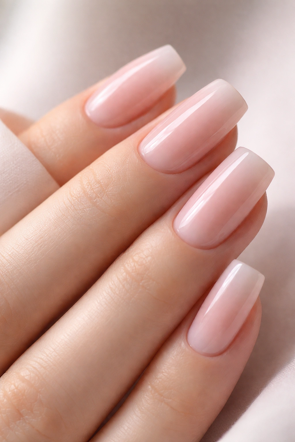 Close-up of soft square nails with barely-there pink and sheer overlay