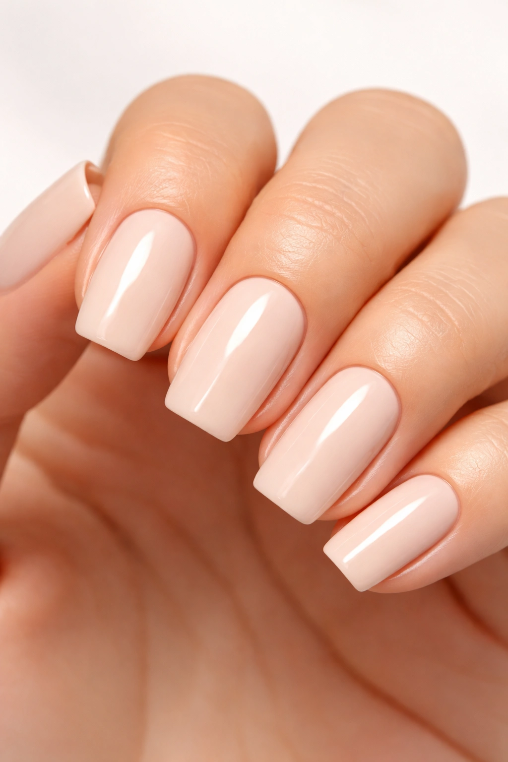 Close-up of soft square nails with cream gel polish highlighting the shape
