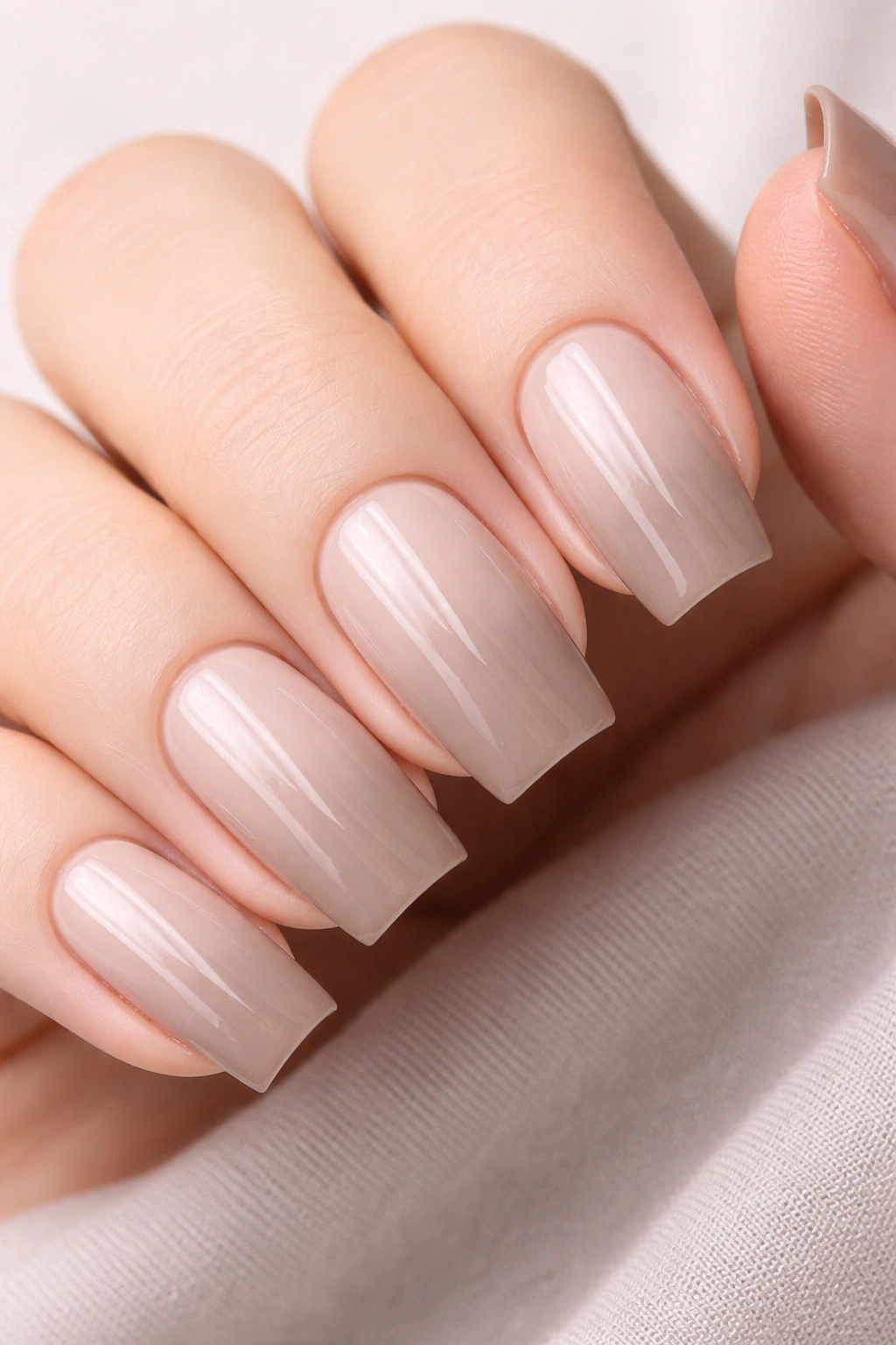 Close-up of soft square nails with taupe ombre