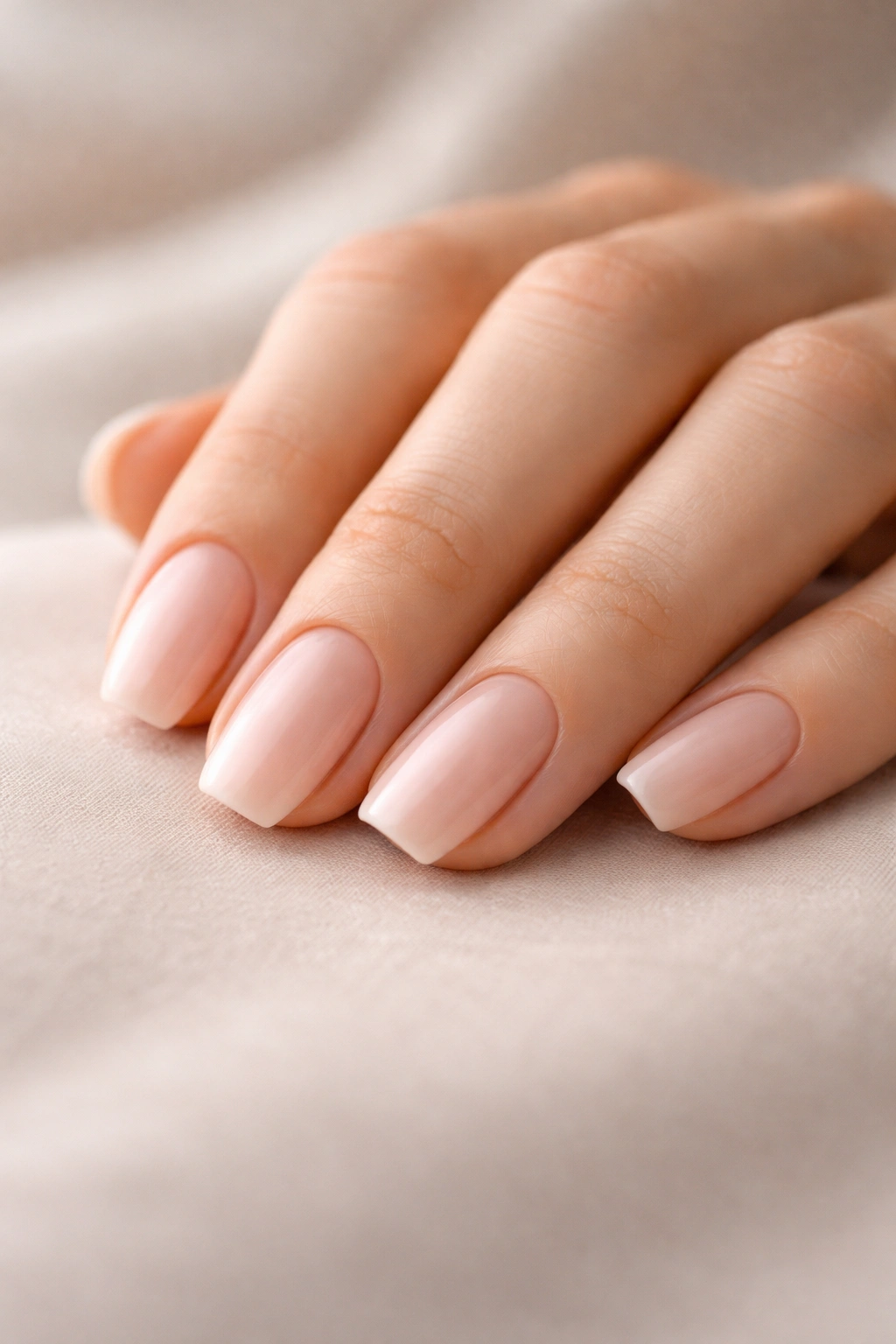 Hand with soft square nails resting on a neutral surface