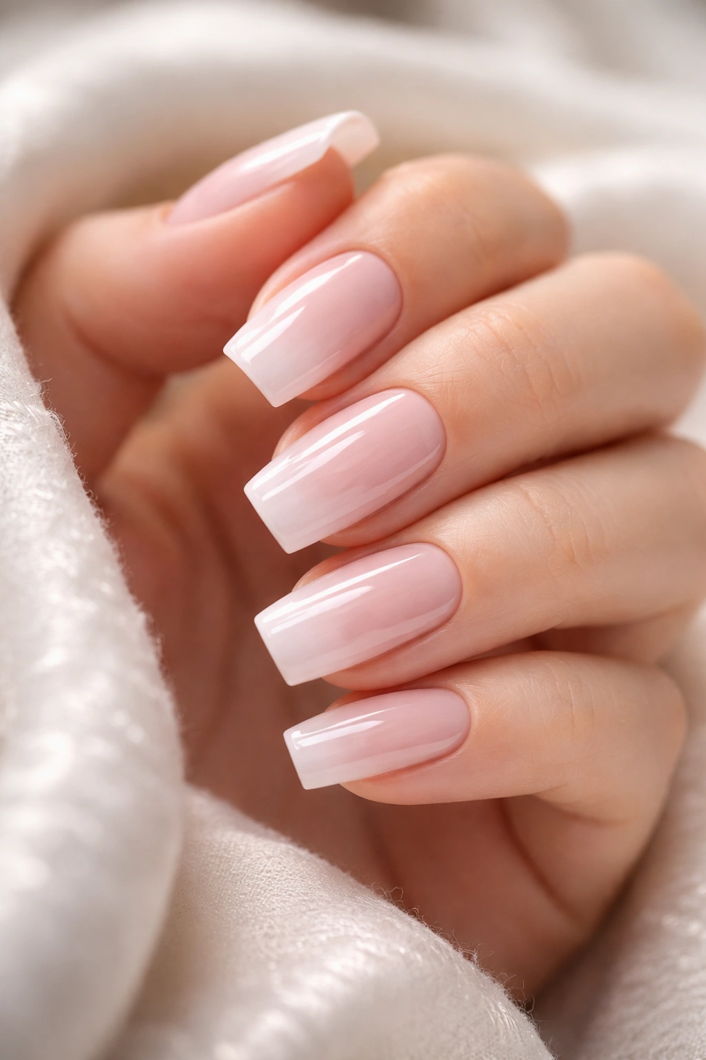 Close-up of hand with soft square acrylic nails against a neutral background
