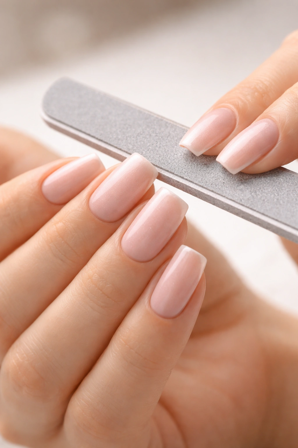 Nails being shaped to a soft square silhouette with a file