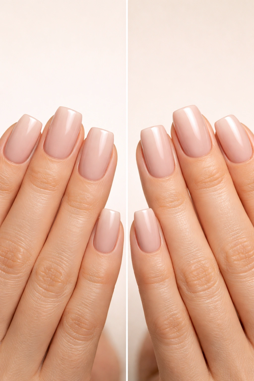 Two hands showing soft square and squoval nails side by side for shape comparison.