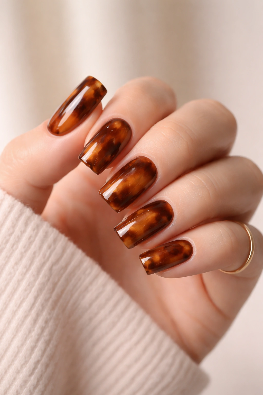 Close-up of soft square tortoiseshell nails on a hand