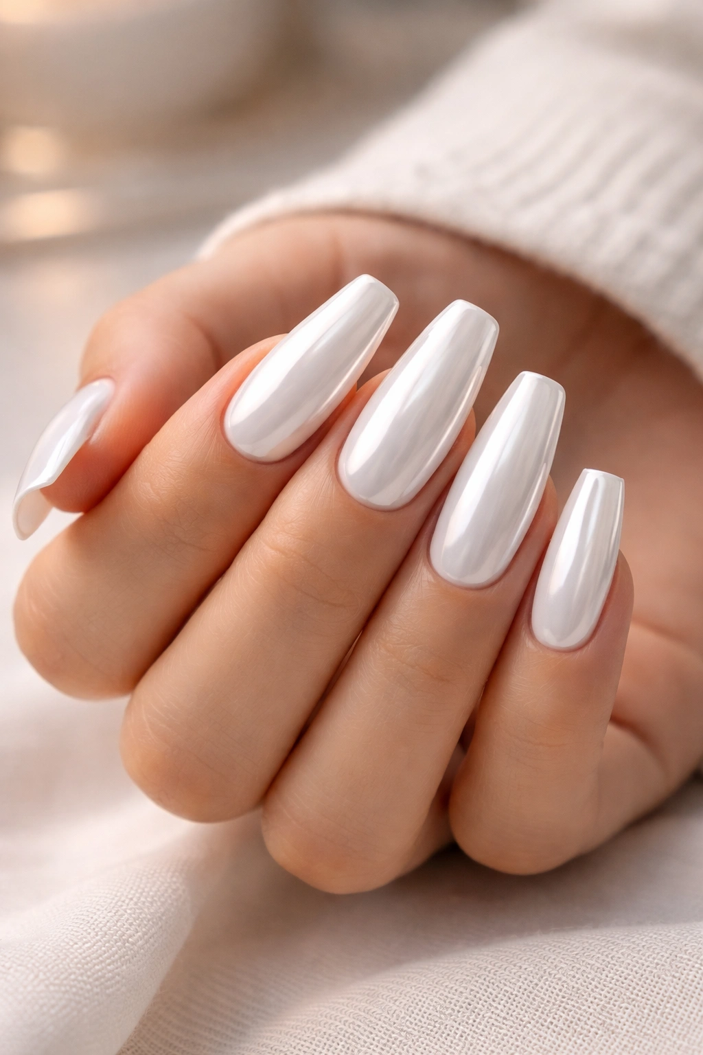 Close-up of white chrome ballerina nails with soft taper and flat tips