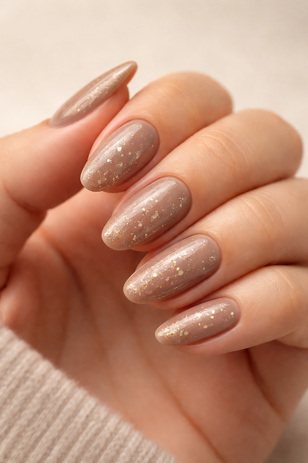 Close-up of soft taupe nails with gold flecks catching light